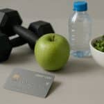 Eine minimalistische Szene zeigt im Vordergrund eine silberne Kreditkarte mit geprägten Details. Im Hintergrund befinden sich ein schwarzes Hexagon-Hantelset, ein grüner Apfel, eine Wasserflasche und eine Schüssel mit Salat. Die Komposition vermittelt Themen wie Wohlbefinden, gesunde Ernährung und Fitness.