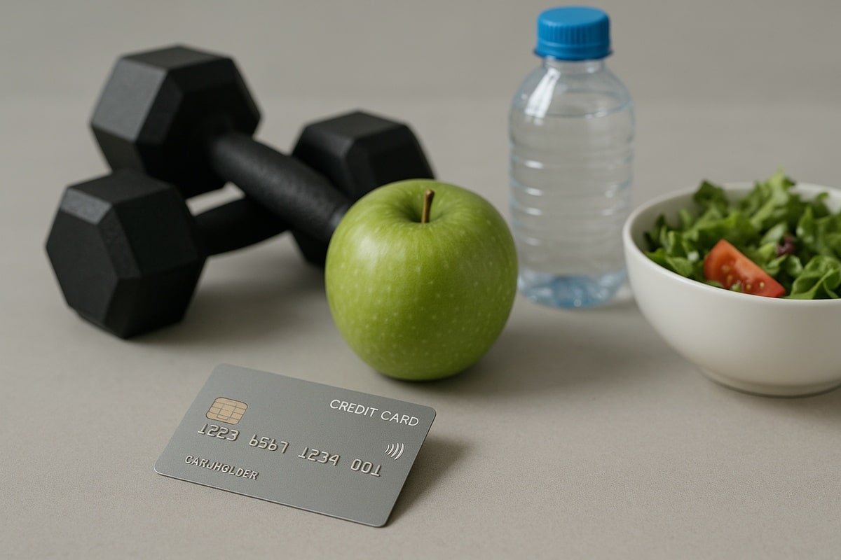 Eine minimalistische Szene zeigt im Vordergrund eine silberne Kreditkarte mit geprägten Details. Im Hintergrund befinden sich ein schwarzes Hexagon-Hantelset, ein grüner Apfel, eine Wasserflasche und eine Schüssel mit Salat. Die Komposition vermittelt Themen wie Wohlbefinden, gesunde Ernährung und Fitness.