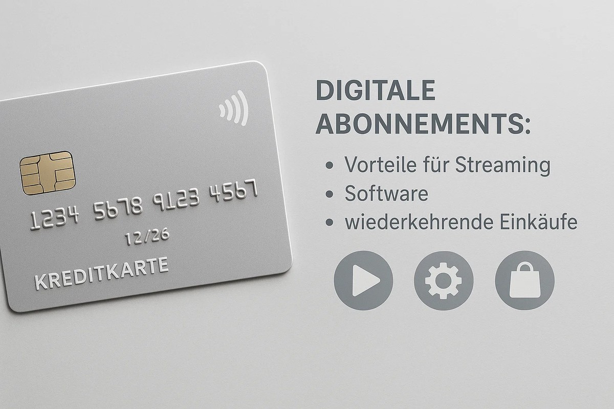 Eine silbergraue kreditkarte liegt auf einer hellen Oberfläche, mit geprägten Zahlen, Chip und kontaktlos-Symbol. Daneben befindet sich eine Textübersicht zu digitalen Abonnements, einschließlich Vorteilen für Streaming, Software und wiederkehrende Einkäufe. Unter den Punkten stehen drei Symbole: ein Play-Button, ein Zahnrad und eine Einkaufstasche. Die Szene verdeutlicht, wie eine kreditkarte für digitale Dienste und laufende Zahlungen genutzt wird.