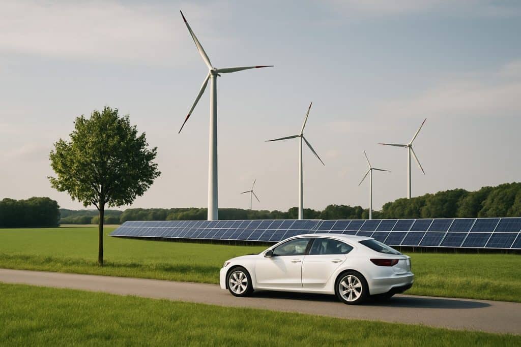 Kurzzusammenfassung auf Deutsch: Eine ruhige ländliche Landschaft zeigt mehrere Windkraftanlagen und eine lange Reihe von Solarpaneelen, während ein weißes Elektroauto eine schmale Straße entlangfährt. Die Szene veranschaulicht moderne Investitionen in grüne Infrastruktur und nachhaltige Energie in Deutschland.