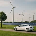 Kurzzusammenfassung auf Deutsch: Eine ruhige ländliche Landschaft zeigt mehrere Windkraftanlagen und eine lange Reihe von Solarpaneelen, während ein weißes Elektroauto eine schmale Straße entlangfährt. Die Szene veranschaulicht moderne Investitionen in grüne Infrastruktur und nachhaltige Energie in Deutschland.