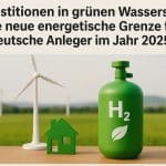 Symbolische Darstellung nachhaltiger investitionen in grünen Wasserstoff: eine grüne H₂-Gasflasche mit Blatt-Symbol steht im Vordergrund, daneben ein Haus-Icon und eine Windkraftanlage, die saubere Energie und die Energiewende für deutsche Anleger im Jahr 2025 visualisieren, vor einer grünen Landschaft.