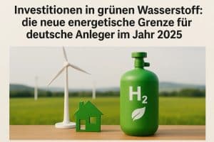 Symbolische Darstellung nachhaltiger investitionen in grünen Wasserstoff: eine grüne H₂-Gasflasche mit Blatt-Symbol steht im Vordergrund, daneben ein Haus-Icon und eine Windkraftanlage, die saubere Energie und die Energiewende für deutsche Anleger im Jahr 2025 visualisieren, vor einer grünen Landschaft.