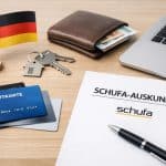 Eine übersichtliche Finanzszene auf einem Holztisch mit mehreren Kreditkarte-Modellen, einem Dokument mit der Aufschrift „SCHUFA-Auskunft“, einem Stift, einem Geldbeutel mit Bargeld, einem Laptop, Hausschlüsseln und einer kleinen deutschen Flagge, die den Zusammenhang zwischen Kreditkarte, Bonitätsprüfung, SCHUFA-Score und verantwortungsvoller Finanzplanung in Deutschland veranschaulicht.
