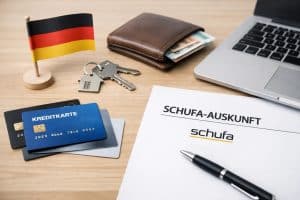 Eine übersichtliche Finanzszene auf einem Holztisch mit mehreren Kreditkarte-Modellen, einem Dokument mit der Aufschrift „SCHUFA-Auskunft“, einem Stift, einem Geldbeutel mit Bargeld, einem Laptop, Hausschlüsseln und einer kleinen deutschen Flagge, die den Zusammenhang zwischen Kreditkarte, Bonitätsprüfung, SCHUFA-Score und verantwortungsvoller Finanzplanung in Deutschland veranschaulicht.