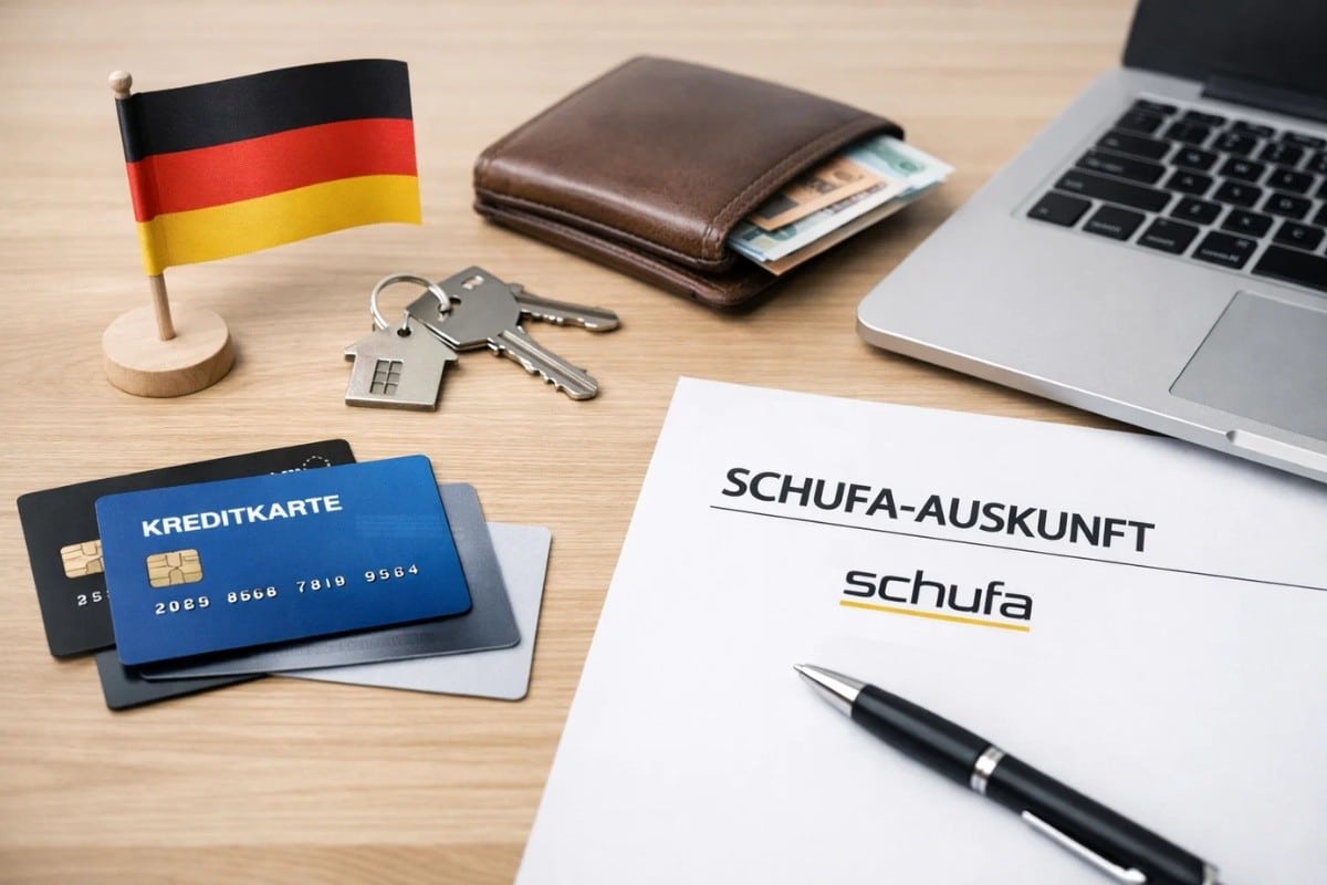 Eine übersichtliche Finanzszene auf einem Holztisch mit mehreren Kreditkarte-Modellen, einem Dokument mit der Aufschrift „SCHUFA-Auskunft“, einem Stift, einem Geldbeutel mit Bargeld, einem Laptop, Hausschlüsseln und einer kleinen deutschen Flagge, die den Zusammenhang zwischen Kreditkarte, Bonitätsprüfung, SCHUFA-Score und verantwortungsvoller Finanzplanung in Deutschland veranschaulicht.