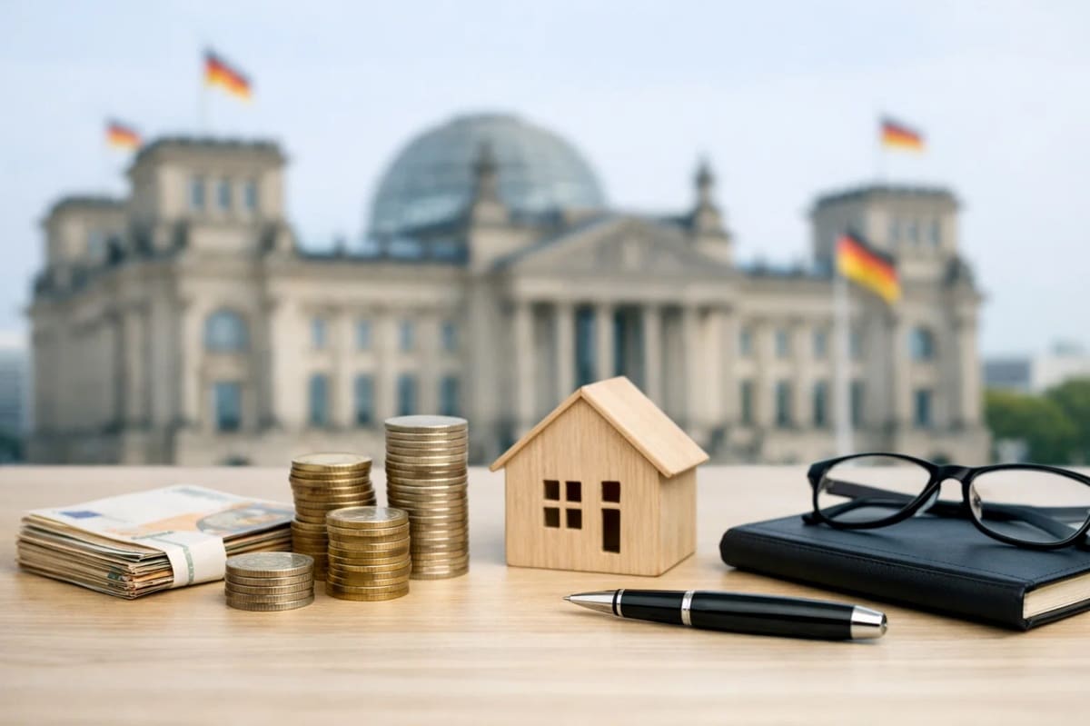 Symbolisches Bild für private festverzinsliche Investitionen in Deutschland, mit gestapelten Münzen, einem Holzhaus als Zeichen für Sicherheit, Bargeld und Finanzdokumenten auf einem Tisch, im Hintergrund das Reichstagsgebäude in Berlin. Die Szene vermittelt Stabilität, Planung und Investitionen, passend zur Frage, wann private festverzinsliche Investitionen sinnvoll sind.
