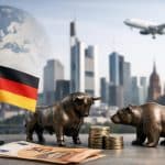 Bild zur Darstellung von Investitionen am Aktienmarkt in Deutschland, mit einer deutschen Flagge, Bullen- und Bärenfiguren als Symbole für Marktbewegungen, gestapelten Münzen und Euro-Banknoten im Vordergrund sowie einer modernen Skyline im Hintergrund, die zeigt, wie globale wirtschaftliche Veränderungen Strategien und Investitionen am deutschen Aktienmarkt beeinflussen.