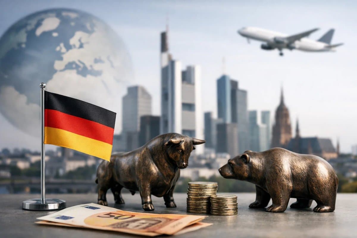 Bild zur Darstellung von Investitionen am Aktienmarkt in Deutschland, mit einer deutschen Flagge, Bullen- und Bärenfiguren als Symbole für Marktbewegungen, gestapelten Münzen und Euro-Banknoten im Vordergrund sowie einer modernen Skyline im Hintergrund, die zeigt, wie globale wirtschaftliche Veränderungen Strategien und Investitionen am deutschen Aktienmarkt beeinflussen.