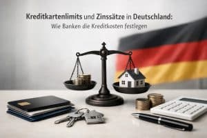 Bild zur Darstellung von Kreditkartenlimits und Zinssätzen in Deutschland, mit einer Waage, die Geldmünzen und ein Hausmodell ausbalanciert, mehreren Kreditkarten, Schlüsseln, Taschenrechner und Stift im Vordergrund sowie der deutschen Flagge im Hintergrund, das zeigt, wie Banken Kosten, Zinssätze und Kreditkarte-Limits für Verbraucher festlegen.