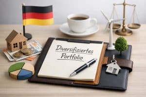 Symbolische Darstellung von Investitionen und Finanzplanung: Ein Notizbuch mit der Aufschrift ‚Diversifiziertes Portfolio‘ liegt auf einem Schreibtisch, umgeben von Euro-Banknoten, Münzen, einem Modellhaus, einem Kreisdiagramm, einem Windrad, einem Schlüssel mit Haussymbol sowie einer Kaffeetasse. Im Hintergrund stehen eine Waage und eine kleine deutsche Flagge. Das Bild vermittelt die Planung eines diversifizierten Portfolios in Deutschland bei hohen Zinsniveaus und strategischen Investitionen.