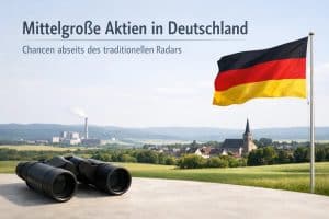 Fernglas im Vordergrund auf einer Fläche mit Blick auf eine deutsche Landschaft mit Dorf, Kirche und Industrieanlagen im Hintergrund, daneben eine wehende deutsche Flagge, die symbolisch für Chancen bei mittelgroßen Unternehmen und langfristige Investitionen außerhalb des traditionellen Marktradar steht.