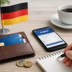 Ein Schreibtisch mit deutscher Flagge, Ledergeldbörse mit kreditkarte, Smartphone mit Banking-App, Münzen und Notizblock. Das Bild steht für kreditkarte in Deutschland und tägliche Finanzkontrolle durch digitales Banking, bargeldlose Zahlungen und bewusste Budgetplanung im Alltag.