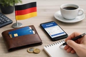 Ein Schreibtisch mit deutscher Flagge, Ledergeldbörse mit kreditkarte, Smartphone mit Banking-App, Münzen und Notizblock. Das Bild steht für kreditkarte in Deutschland und tägliche Finanzkontrolle durch digitales Banking, bargeldlose Zahlungen und bewusste Budgetplanung im Alltag.
