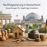 Holzfiguren eines Schachspiels, ein kleines Holzhaus mit Schlüsseln, ein Glasgefäß mit wachsender Pflanze und gestapelten Münzen auf einem Tisch, daneben eine deutsche Flagge, mit dem Berliner Reichstag und dem Brandenburger Tor im Hintergrund, als Symbol für Nachfolgeplanung, Vermögenssicherung und langfristige Investitionen in Deutschland.