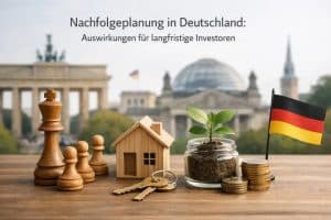 Holzfiguren eines Schachspiels, ein kleines Holzhaus mit Schlüsseln, ein Glasgefäß mit wachsender Pflanze und gestapelten Münzen auf einem Tisch, daneben eine deutsche Flagge, mit dem Berliner Reichstag und dem Brandenburger Tor im Hintergrund, als Symbol für Nachfolgeplanung, Vermögenssicherung und langfristige Investitionen in Deutschland.