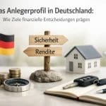 Konzeptbild zum Anlegerprofil in Deutschland: Auf einem Tisch stehen ein Wegweiser mit den Begriffen „Sicherheit“ und „Rendite“, daneben Münzen, ein Kompass, ein Modellhaus, Autoschlüssel und ein Notizbuch, während im Hintergrund eine deutsche Flagge und ein Flugzeugmodell zu sehen sind. Das Bild symbolisiert finanzielle Entscheidungen, Vermögensaufbau und langfristige Investitionen in Deutschland sowie die Balance zwischen Risiko, Stabilität und persönlichen Zielen bei Investitionen.