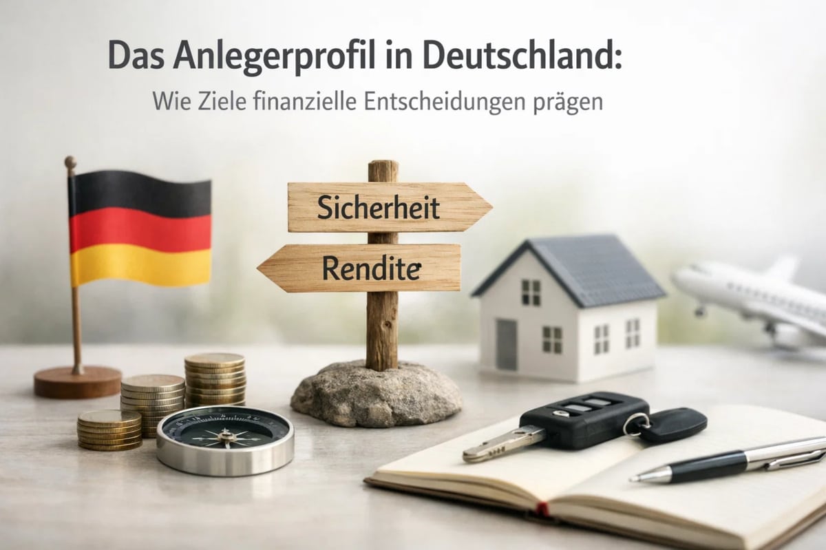 Konzeptbild zum Anlegerprofil in Deutschland: Auf einem Tisch stehen ein Wegweiser mit den Begriffen „Sicherheit“ und „Rendite“, daneben Münzen, ein Kompass, ein Modellhaus, Autoschlüssel und ein Notizbuch, während im Hintergrund eine deutsche Flagge und ein Flugzeugmodell zu sehen sind. Das Bild symbolisiert finanzielle Entscheidungen, Vermögensaufbau und langfristige Investitionen in Deutschland sowie die Balance zwischen Risiko, Stabilität und persönlichen Zielen bei Investitionen.