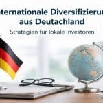Concept image about international diversification and Investitionen in Germany, showing a German flag on a desk next to an open notebook and eyeglasses, with a detailed globe and pen in the foreground, symbolizing global markets, cross-border Investitionen strategies, and financial planning for local investors.