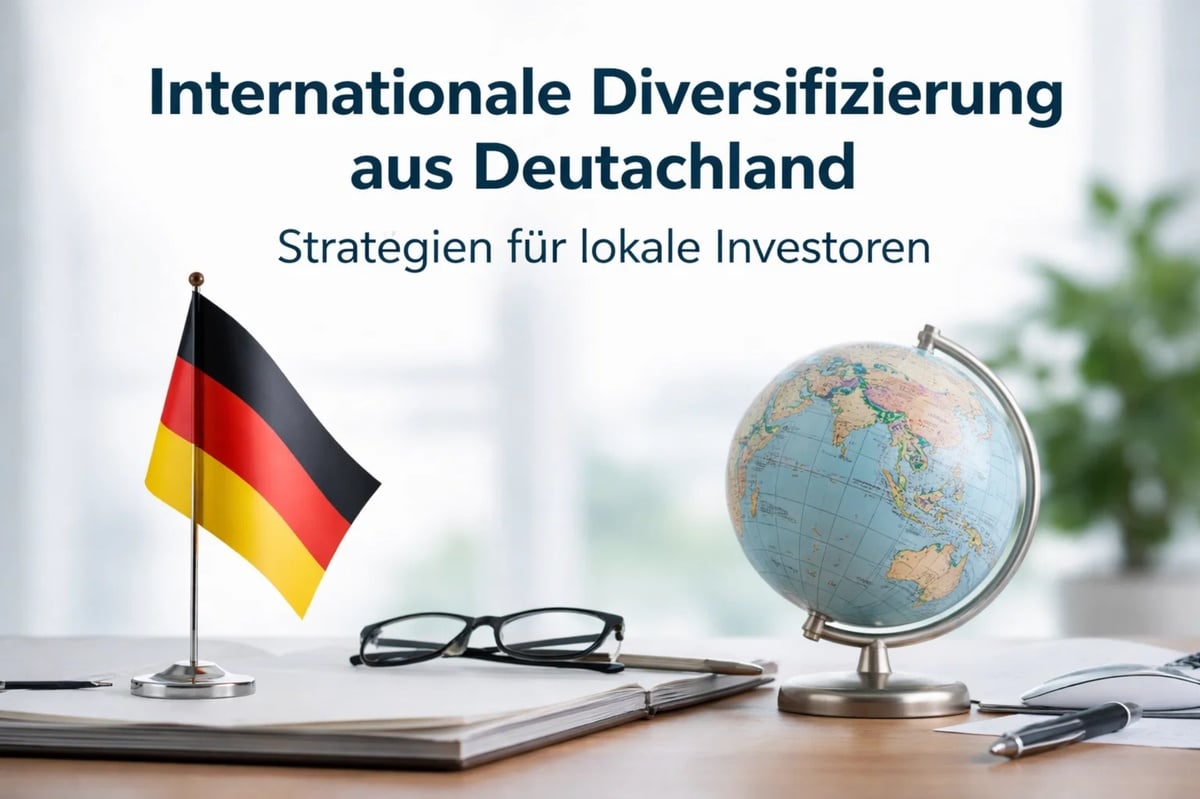 Concept image about international diversification and Investitionen in Germany, showing a German flag on a desk next to an open notebook and eyeglasses, with a detailed globe and pen in the foreground, symbolizing global markets, cross-border Investitionen strategies, and financial planning for local investors.
