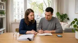 Ein Paar sitzt an einem aufgeräumten Holztisch in einem hellen, modernen Wohnzimmer. Die Frau deutet auf ein aufgeschlagenes Notizbuch, während der Mann mit einem Stift hineinschreibt. Auf dem Tisch liegen ordentlich gestapelte Unterlagen, ein Smartphone und ein Glas Wasser. Im Hintergrund sorgt ein großes Fenster mit Blick auf deutsche Stadtarchitektur für natürliches Licht, ergänzt durch grüne Zimmerpflanzen für eine ruhige Atmosphäre.
