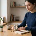 A young woman with dark hair tied back wears a dark blue sweater and sits at a wooden table in a bright kitchen. She is looking at a glass jar filled with Euro coins and banknotes that she is holding. A notebook, a pen, a coffee cup, and two small potted plants are on the table. The image is an overlay that includes a title in the upper-left corner: "PERSÖNLICHE FINANZEN UND ALLTAGSENTSCHEIDUNGEN: WIE KLEINE ENTSCHEIDUNGEN FINANZIELLE STABILITÄT GESTALTEN."