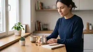 A young woman with dark hair tied back wears a dark blue sweater and sits at a wooden table in a bright kitchen. She is looking at a glass jar filled with Euro coins and banknotes that she is holding. A notebook, a pen, a coffee cup, and two small potted plants are on the table. The image is an overlay that includes a title in the upper-left corner: "PERSÖNLICHE FINANZEN UND ALLTAGSENTSCHEIDUNGEN: WIE KLEINE ENTSCHEIDUNGEN FINANZIELLE STABILITÄT GESTALTEN."