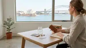Eine Frau an einem Holztisch mit einem Lederjournal in der Hand, die aus dem Fenster auf die Skyline von Sydney blickt.