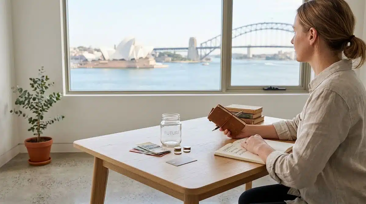 Eine Frau an einem Holztisch mit einem Lederjournal in der Hand, die aus dem Fenster auf die Skyline von Sydney blickt.